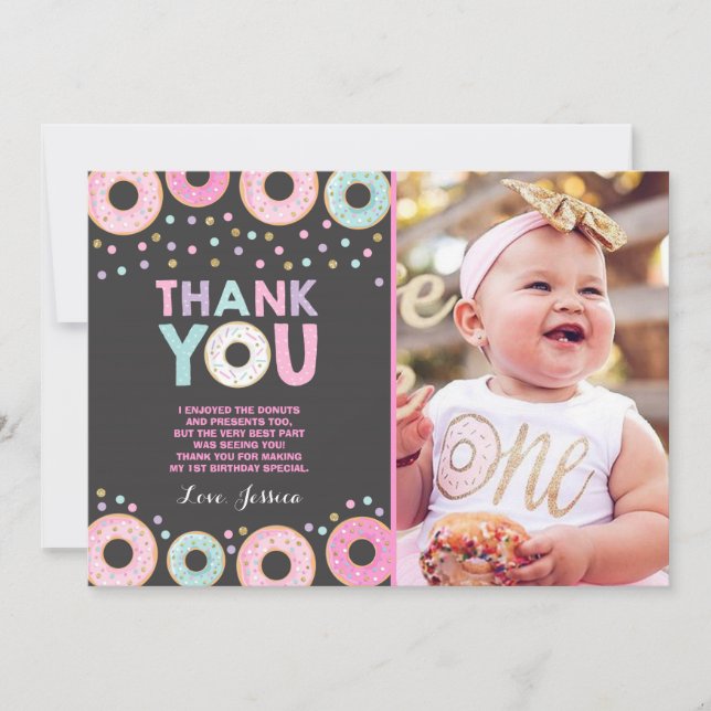 Donut Thank You Card Donut Grow Up Party Pink Gold (Front)