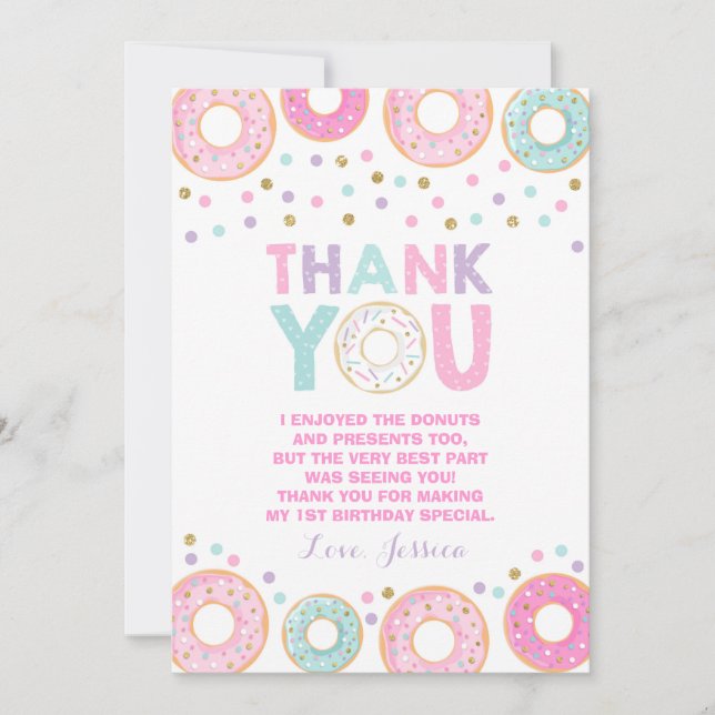 Donut Thank You Card Donut Grow Up Party Pink Gold (Front)