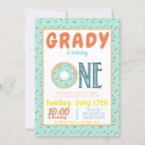 Donut theme birthday party sprinkles morning blue invitation