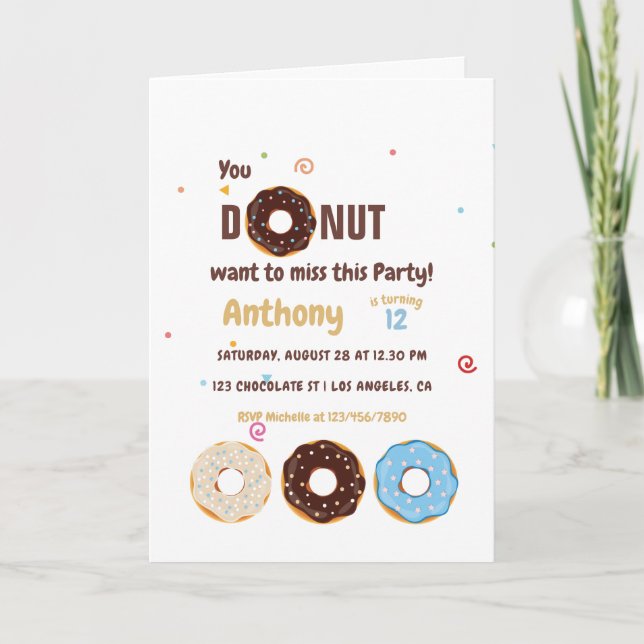 Donut themed Kids Birthday Party Invitation (Front)