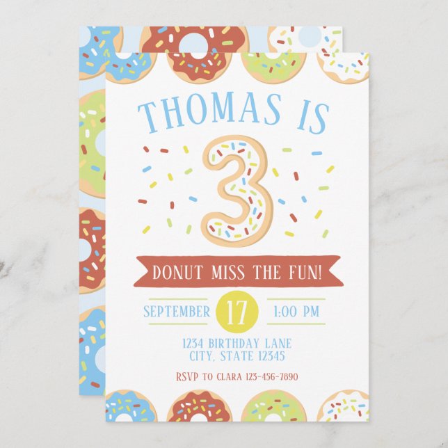 Donut Third Birthday Invitation (Front/Back)