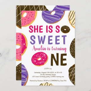 Donut turning one fun cute watercolor 1st birthday invitation