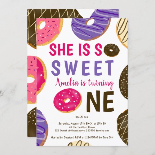 Donut turning one fun cute watercolor 1st birthday invitation