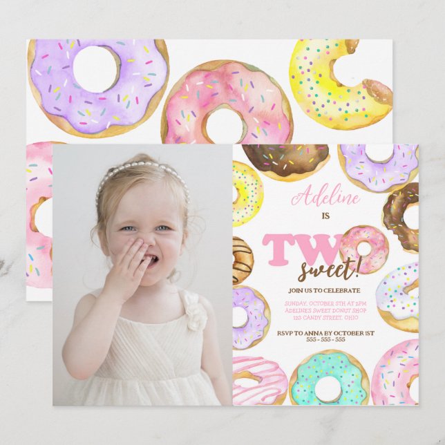 Donut Two Sweet 2nd Birthday Girl Cute Party Invitation (Front/Back)