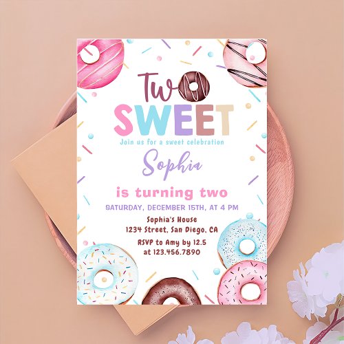 Donut Two Sweet 2nd Birthday Party Invitation