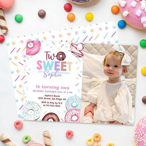 Donut Two Sweet 2nd Birthday Party Photo Invitation