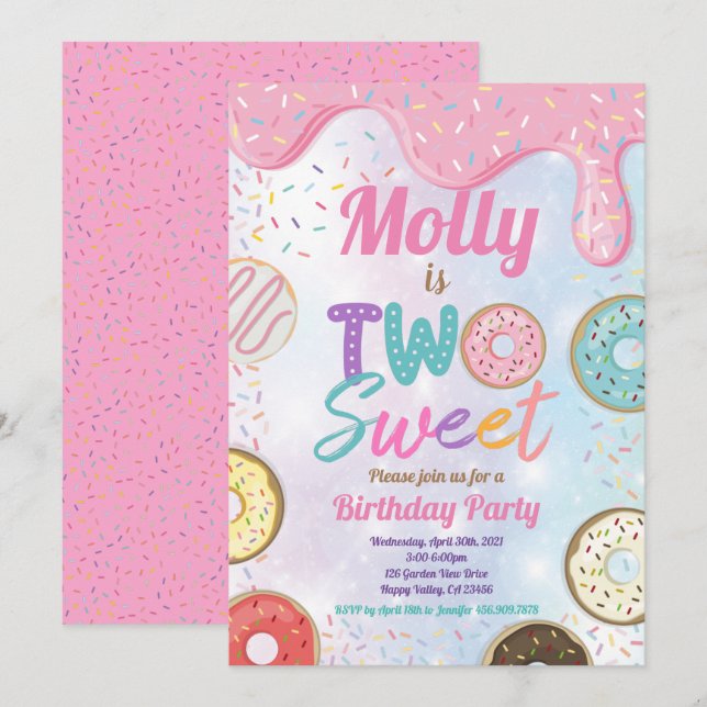 Donut Two Sweet 2nd Birthday Party Pink Pastel Inv Invitation (Front/Back)