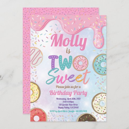Donut Two Sweet 2nd Birthday Party Pink Pastel Inv Invitation