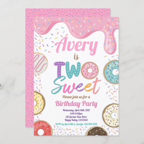 Donut Two Sweet 2nd Birthday Party Pink Pastel Invitation