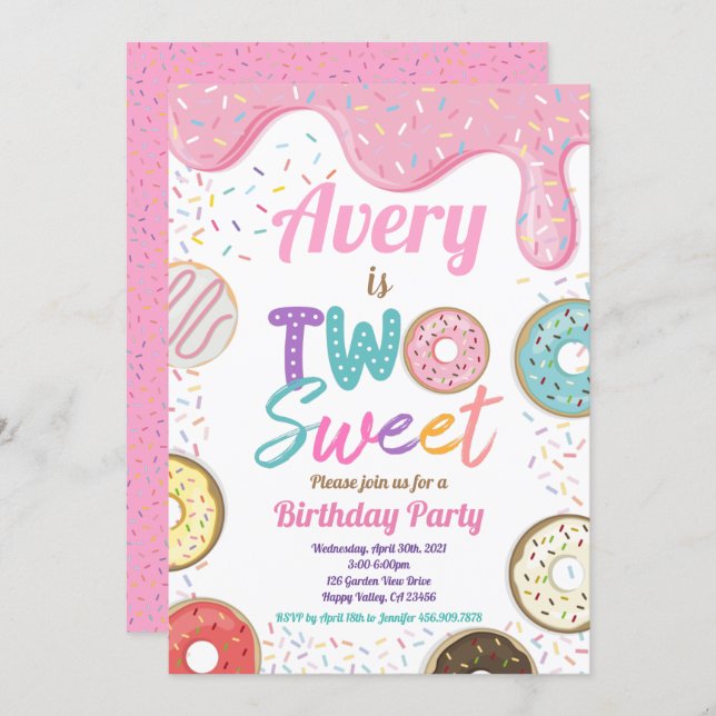 Donut Two Sweet 2nd Birthday Party Pink Pastel Invitation (Front/Back)