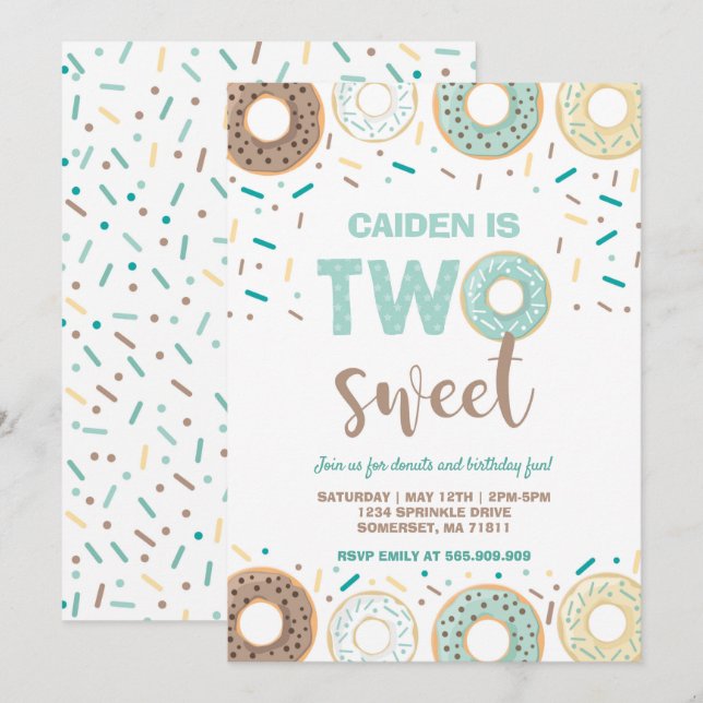 Donut Two Sweet Birthday Invite Donut Party Blue (Front/Back)