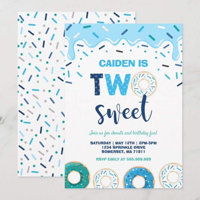 Donut Two Sweet Birthday Invite Donut Party Blue (Front/Back)