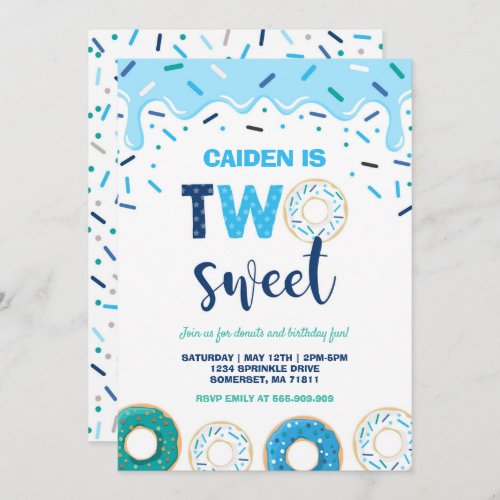 Donut Two Sweet Birthday Invite Donut Party Blue