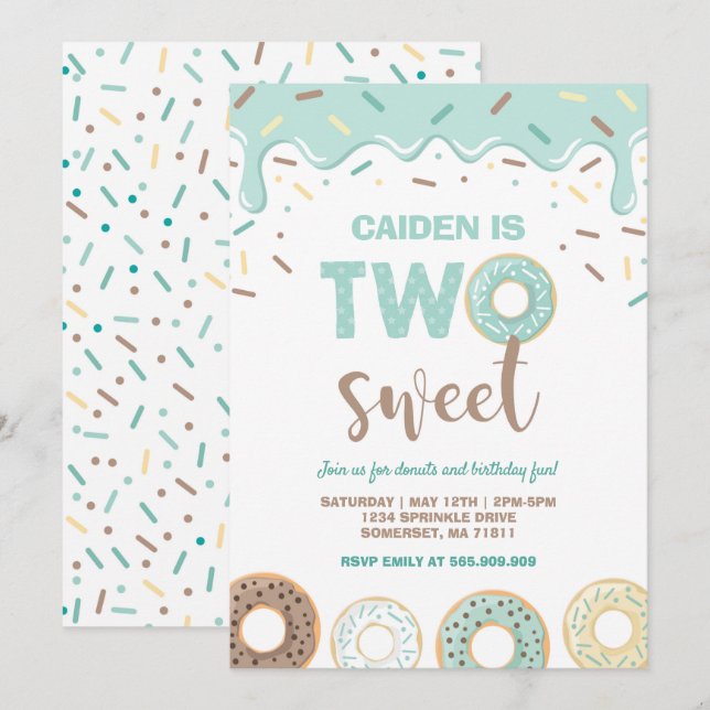 Donut Two Sweet Birthday Invite Donut Party Blue (Front/Back)