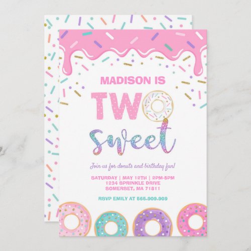 Donut Two Sweet Birthday Invite Donut Party Pink
