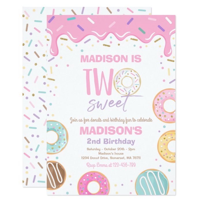 Donut Two Sweet Birthday Two Sweet 2nd Birthday Invitation