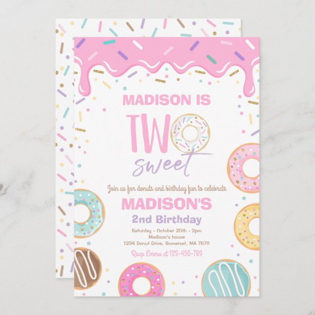Donut Two Sweet Birthday Two Sweet 2nd Birthday Invitation (Front/Back)