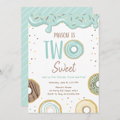 Donut Two Sweet Blue Pastel Second Birthday Party Invitation