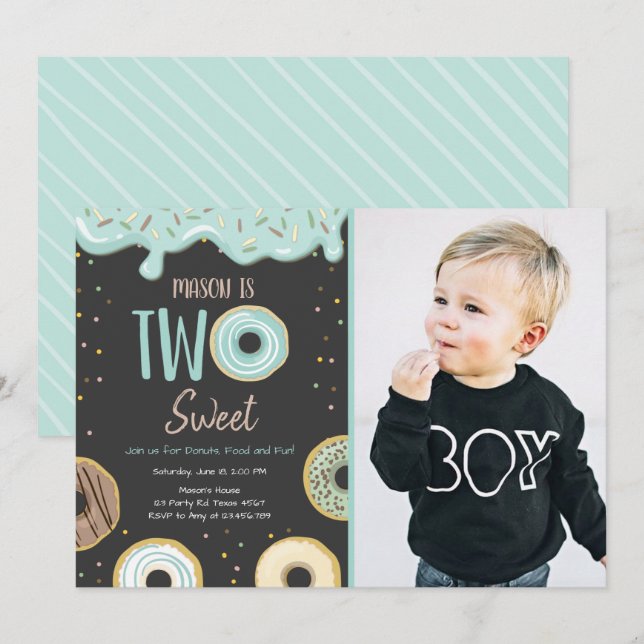 Donut Two Sweet Blue Pastel Second Birthday Party Invitation (Front/Back)