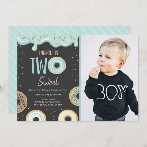 Donut Two Sweet Blue Pastel Second Birthday Party Invitation