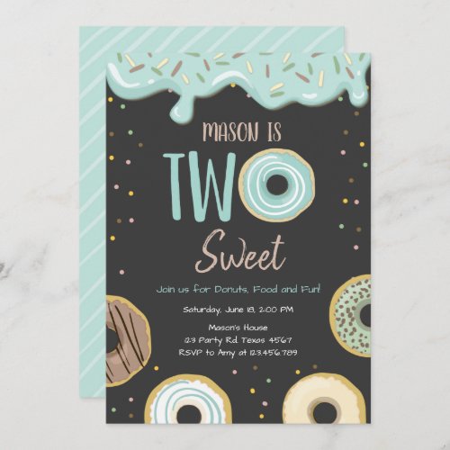 Donut Two Sweet Blue Pastel Second Birthday Party Invitation
