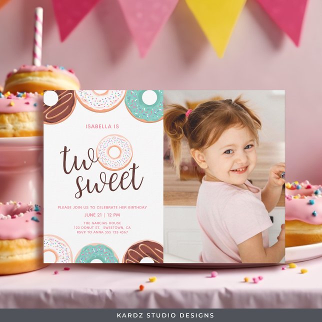 Donut Two Sweet Girl 2nd Birthday Invitation (Invite shown in 5 x 7 in. with square corners, personalize and choose style and paper before buying.)