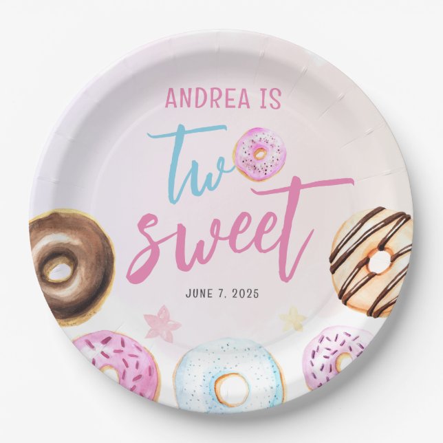 Donut Two Sweet Girl 2nd Birthday Paper Plates (Front)