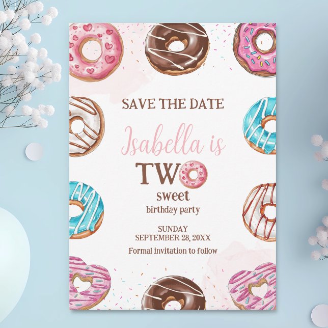 Donut Two Sweet Girl Sprinkles 2nd Birthday Save The Date (Creator Uploaded)