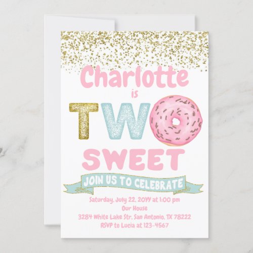 Donut Two Sweet Gold Sprinkles 2nd Birthday Invitation