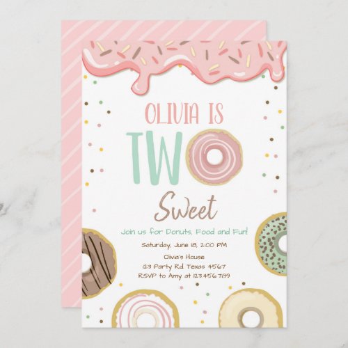 Donut Two Sweet Pink Doughnut Girl Birthday Party Invitation