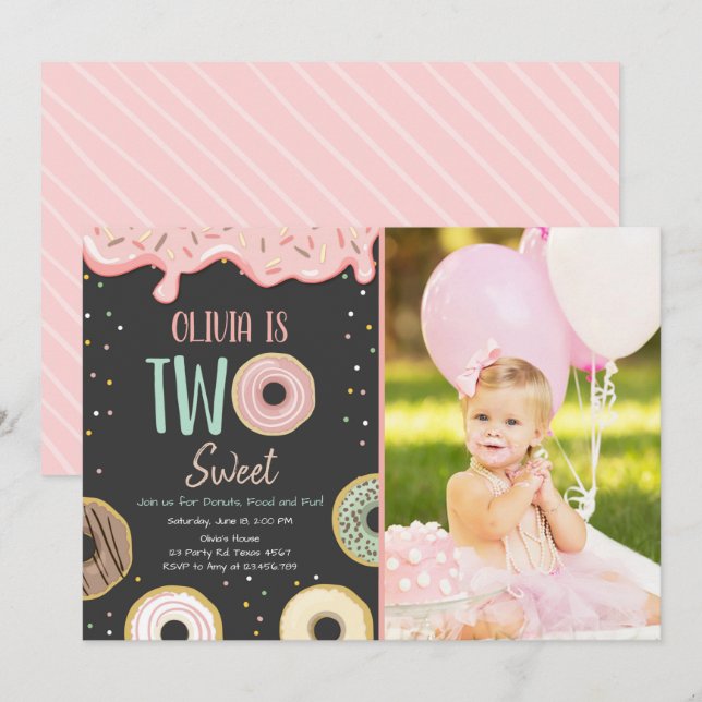 Donut Two Sweet Pink Doughnut Girl Birthday Party Invitation (Front/Back)