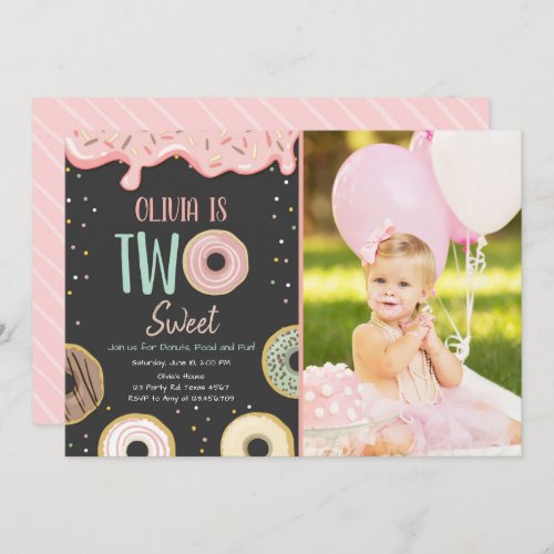 Donut Two Sweet Pink Doughnut Girl Birthday Party Invitation