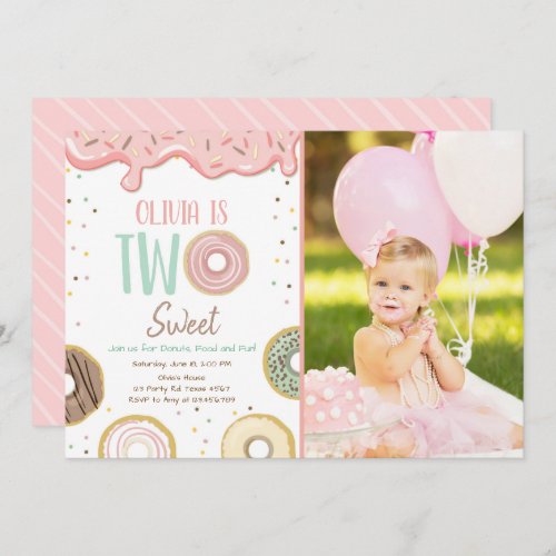 Donut Two Sweet Pink Doughnut Girl Birthday Party Invitation