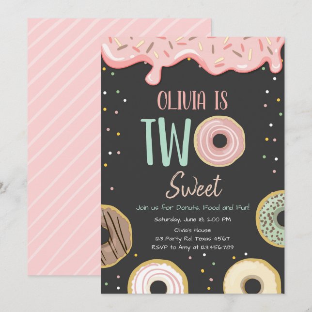 Donut Two Sweet Pink Doughnut Girl Birthday Party Invitation (Front/Back)