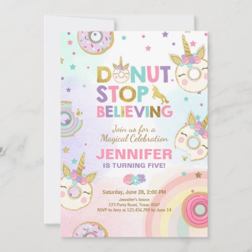 Donut Unicorn Birthday Invitation Pink Gold Girl