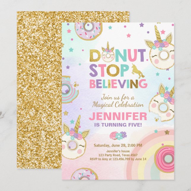 Donut Unicorn Birthday Invitation Pink Gold Girl (Front/Back)