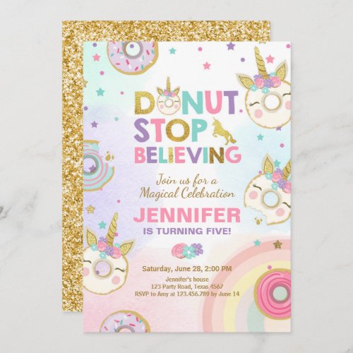 Donut Unicorn Birthday Invitation Pink Gold Girl