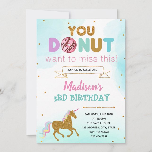 Donut unicorn birthday party invitation (Front)