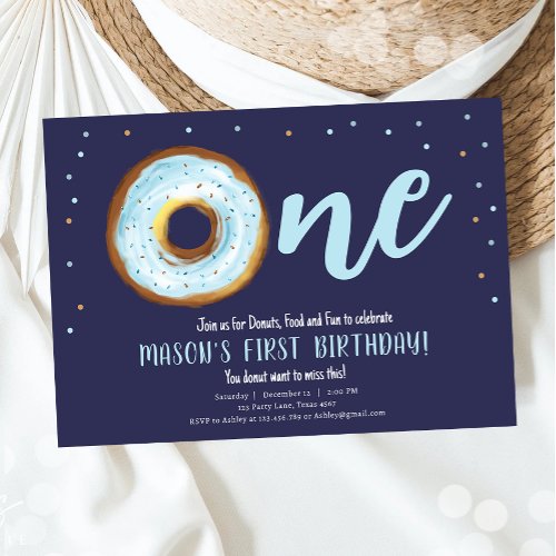 Donut Watercolor Sweet One Boy First Birthday Invi Invitation