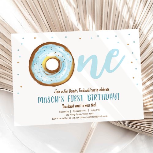 Donut Watercolor Sweet One Boy First Birthday Invitation