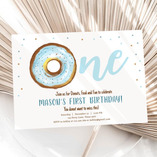Donut Watercolor Sweet One Boy First Birthday Invitation (Creator Uploaded)