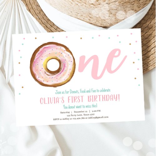 Donut Watercolor Sweet One Girl First Birthday Invitation