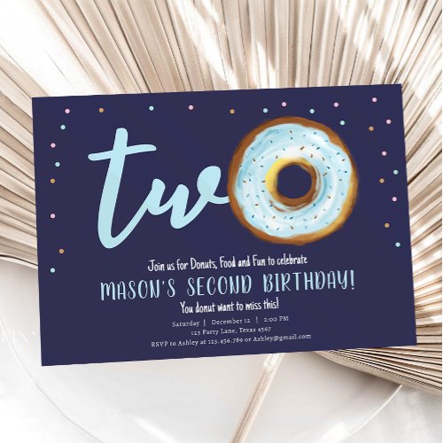 Donut Watercolor Two Sweet Boy Second Birthday Inv Invitation