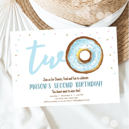 Donut Watercolor Two Sweet Boy Second Birthday Invitation