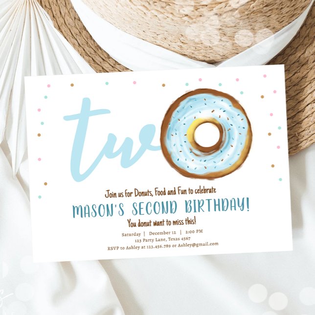 Donut Watercolor Two Sweet Boy Second Birthday Invitation (Creator Uploaded)