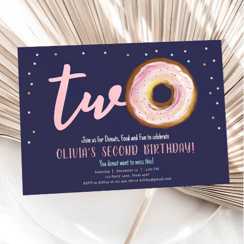 Donut Watercolor Two Sweet Girl Second Birthday In Invitation