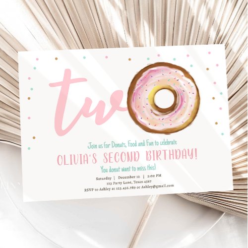 Donut Watercolor Two Sweet Girl Second Birthday Invitation