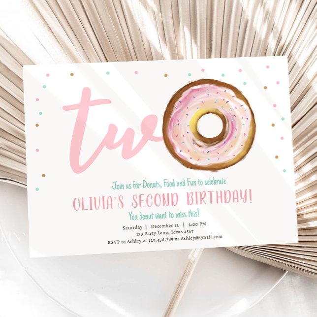 Donut Watercolor Two Sweet Girl Second Birthday Invitation (Creator Uploaded)