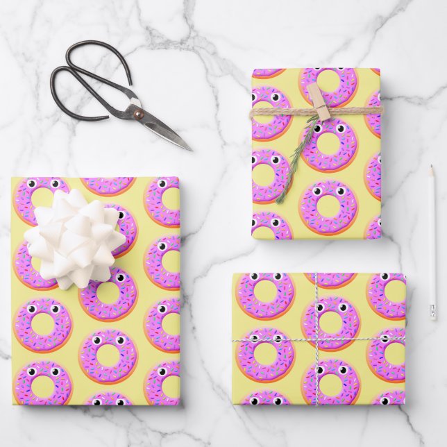 Donut With Eyes And Sprinkles Drawing Pattern Wrapping Paper Sheets (Front)