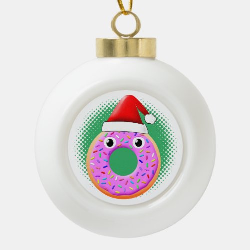 Donut With Eyes And Sprinkles Santas Hat Drawing Ceramic Ball Christmas Ornament